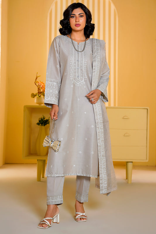 Woman wearing a light gray traditional outfit with intricate designs in a yellow room.