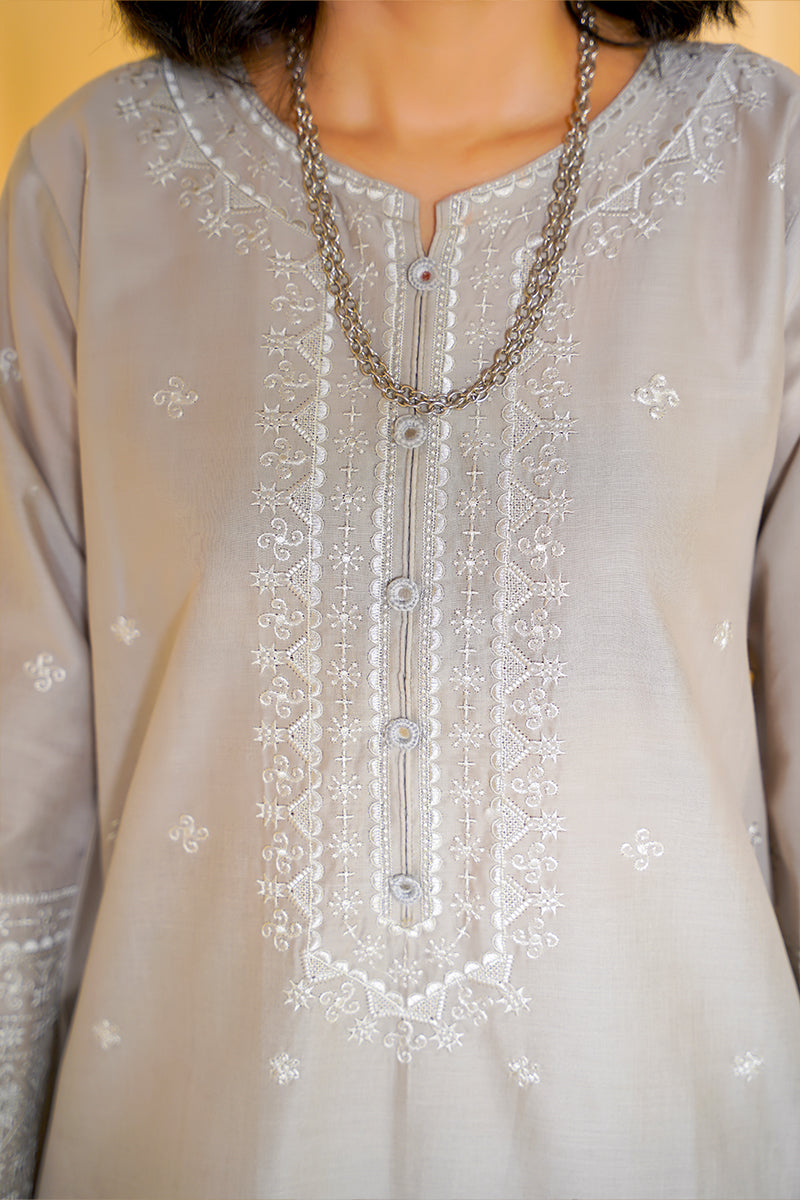 Gray embroidered blouse with intricate patterns and a necklace.