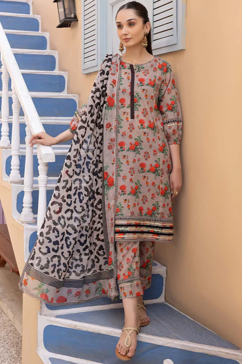 3 Piece Unstitched Digital Printed Beige Lawn Suit-3