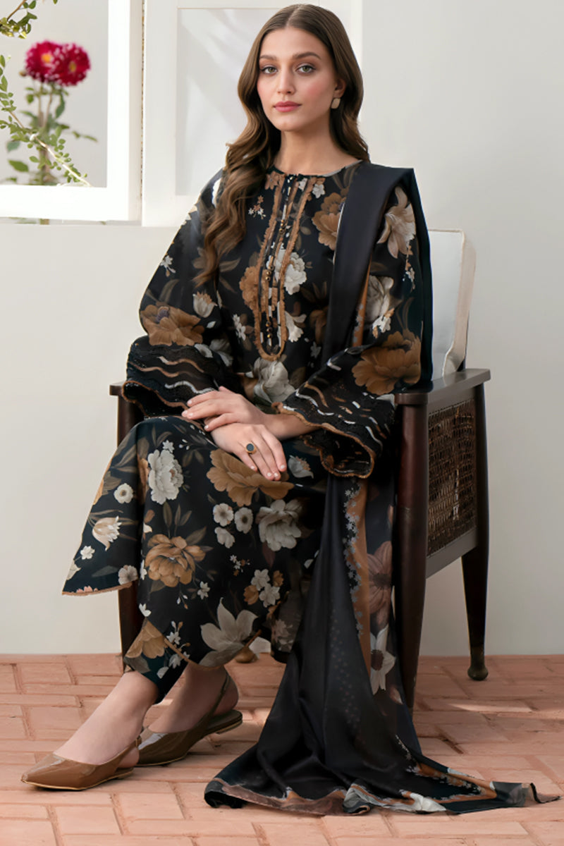 3 Piece Unstitched Digital Printed Black Khaddar Suit with Shawl-6