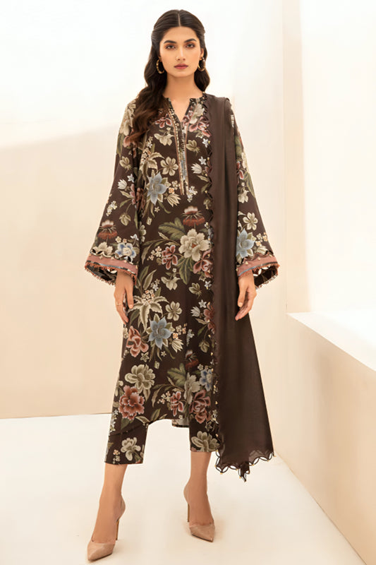 3 Piece Unstitched Digital Printed Brown Khaddar Suit with Shawl-2