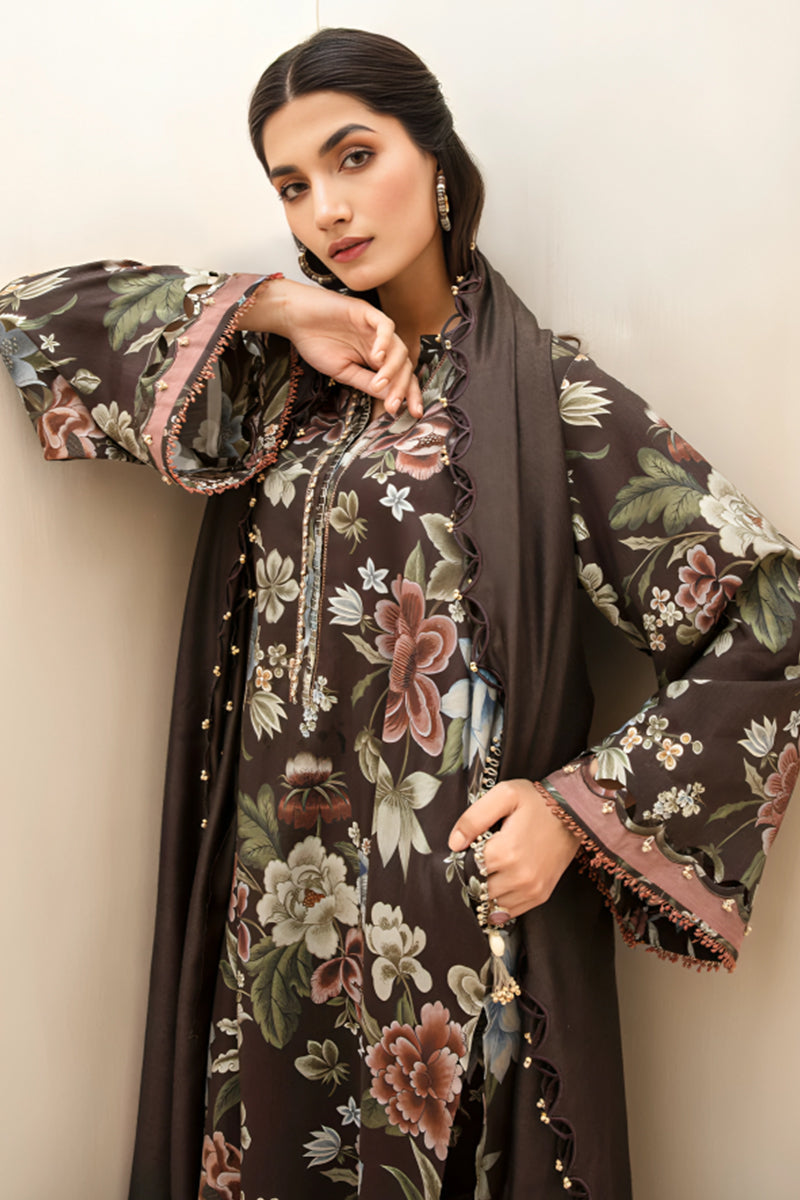 3 Piece Unstitched Digital Printed Brown Khaddar Suit with Shawl-2