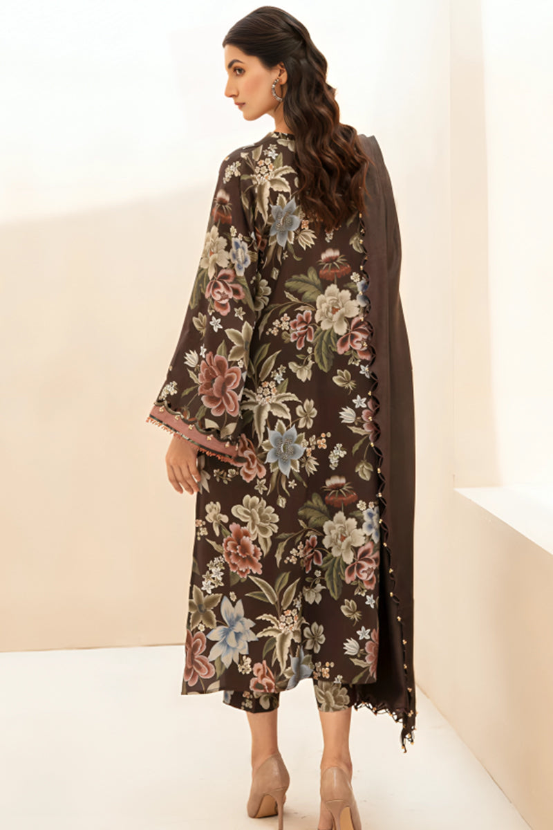 3 Piece Unstitched Digital Printed Brown Khaddar Suit with Shawl-2