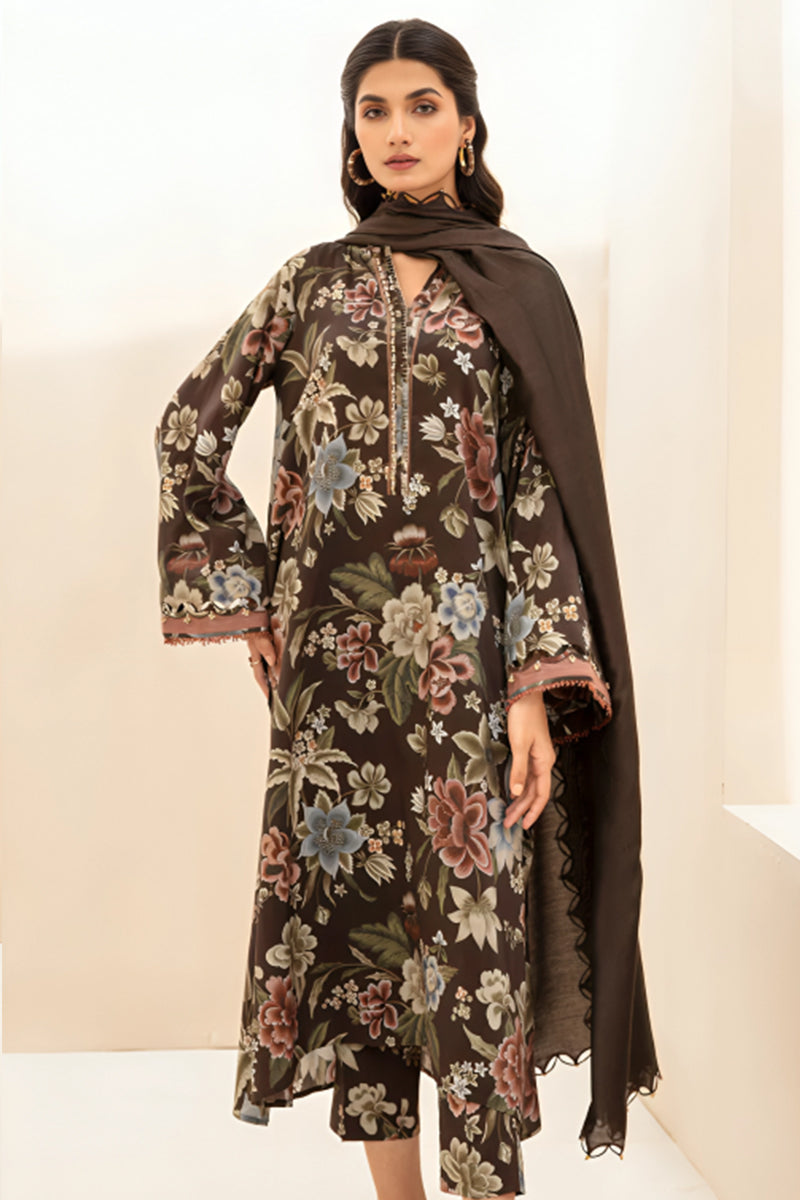 3 Piece Unstitched Digital Printed Brown Khaddar Suit with Shawl-2