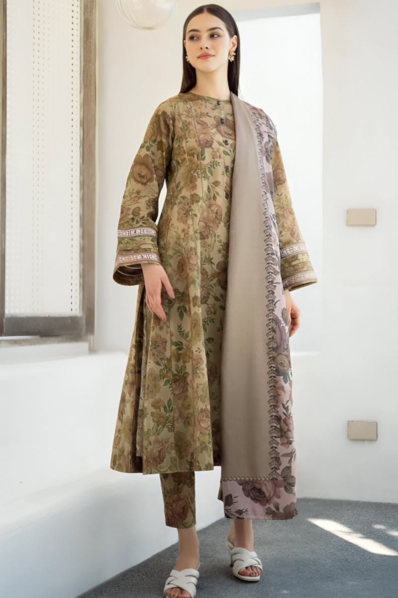 3 Piece Unstitched Digital Printed Brown Khaddar Suit with Shawl-3