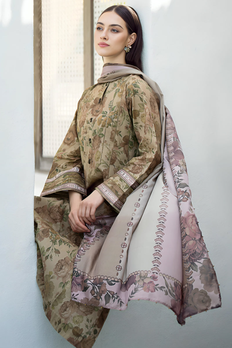 3 Piece Unstitched Digital Printed Brown Khaddar Suit with Shawl-3