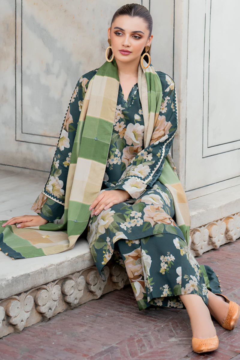 3 Piece Unstitched Digital Printed Green Khaddar Suit with Shawl-3