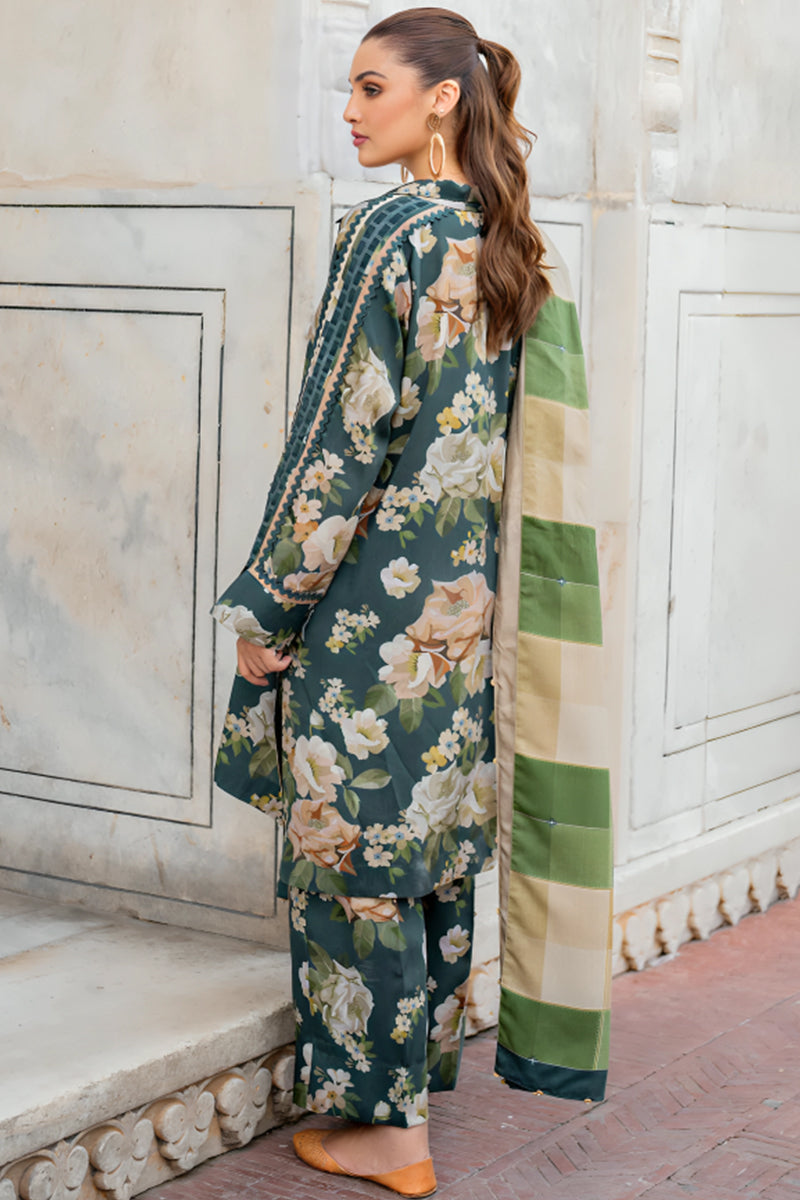 3 Piece Unstitched Digital Printed Green Khaddar Suit with Shawl-3