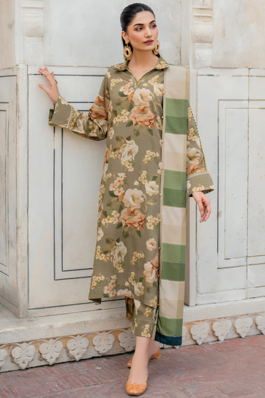 3 Piece Unstitched Digital Printed Green Khaddar Suit with Shawl-4