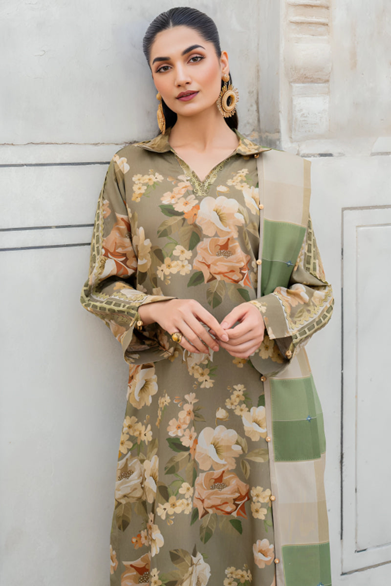 3 Piece Unstitched Digital Printed Green Khaddar Suit with Shawl-4