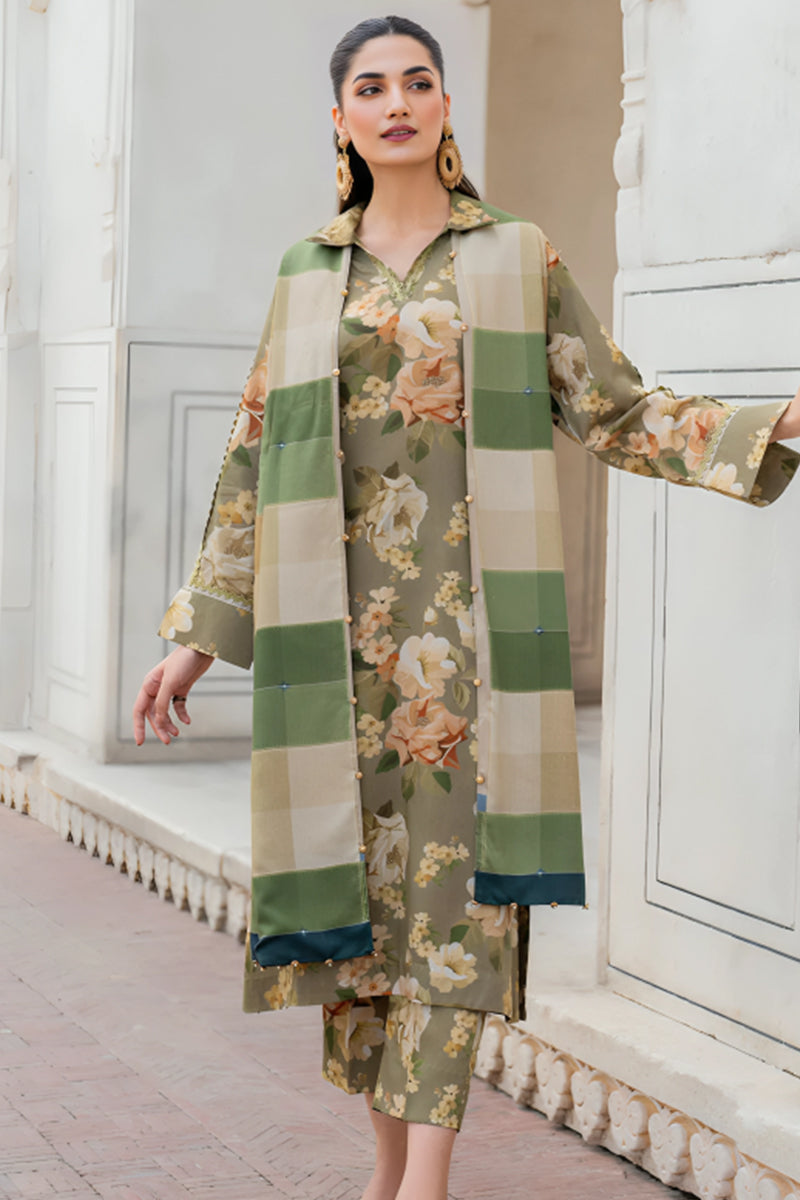 3 Piece Unstitched Digital Printed Green Khaddar Suit with Shawl-4