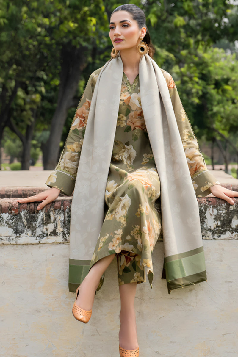 3 Piece Unstitched Digital Printed Green Khaddar Suit with Shawl-4