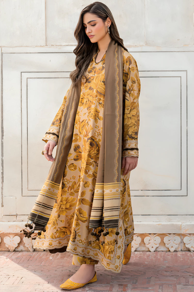 3 Piece Unstitched Digital Printed Mustard Khaddar Suit with Shawl-1