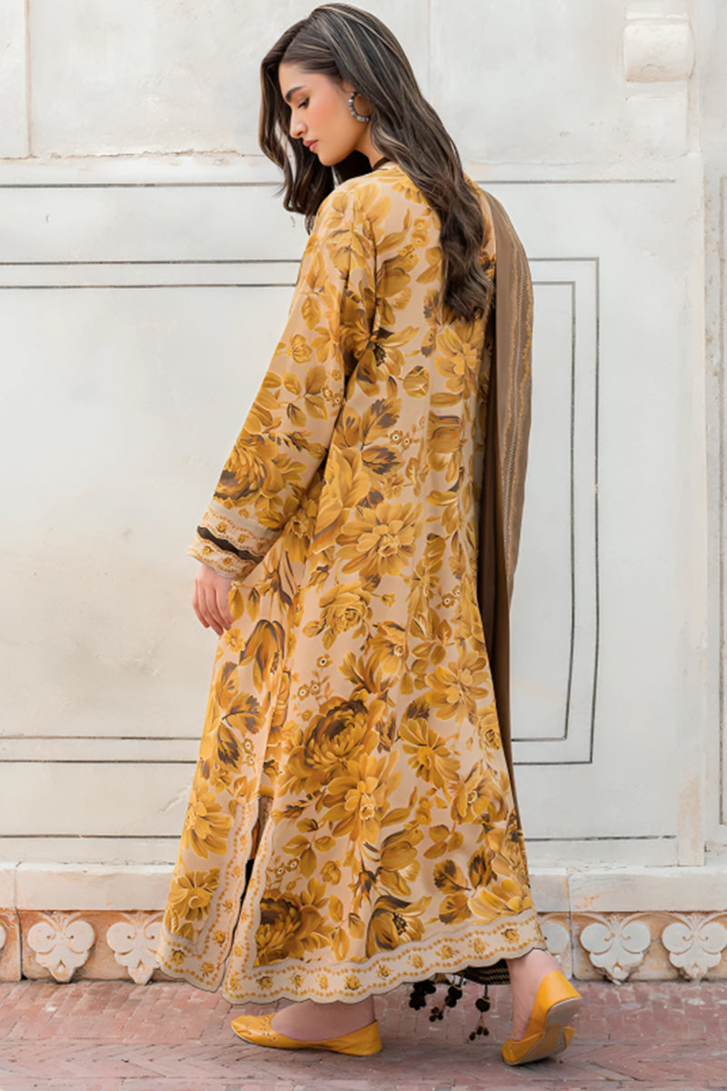 3 Piece Unstitched Digital Printed Mustard Khaddar Suit with Shawl-1