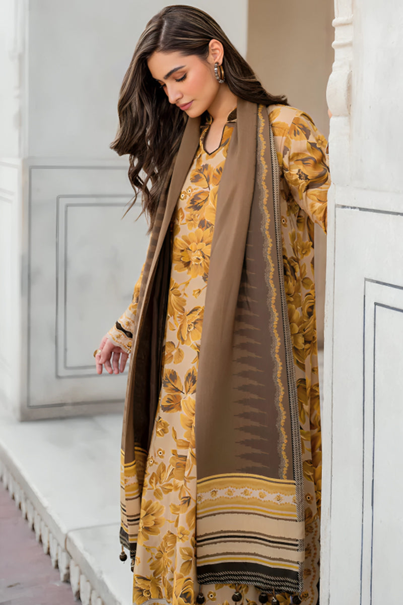 3 Piece Unstitched Digital Printed Mustard Khaddar Suit with Shawl-1