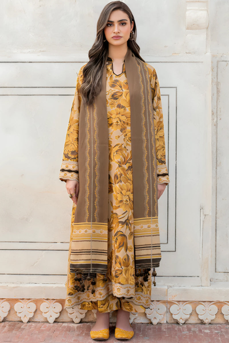 3 Piece Unstitched Digital Printed Mustard Khaddar Suit with Shawl-1