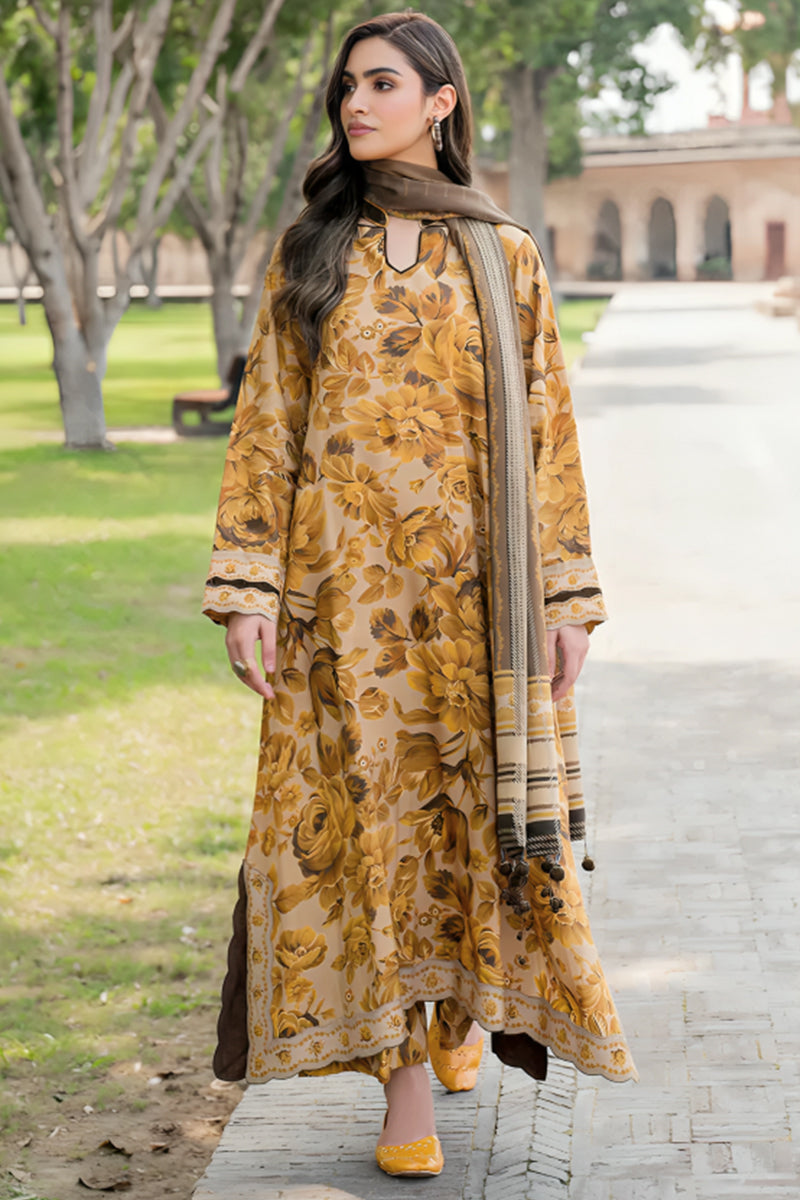 3 Piece Unstitched Digital Printed Mustard Khaddar Suit with Shawl-1