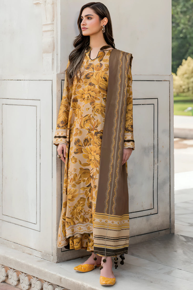 3 Piece Unstitched Digital Printed Mustard Khaddar Suit with Shawl-1