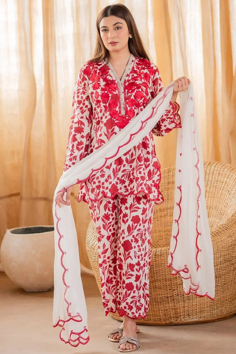 3 Piece Unstitched Digital Printed Red Lawn Suit-1