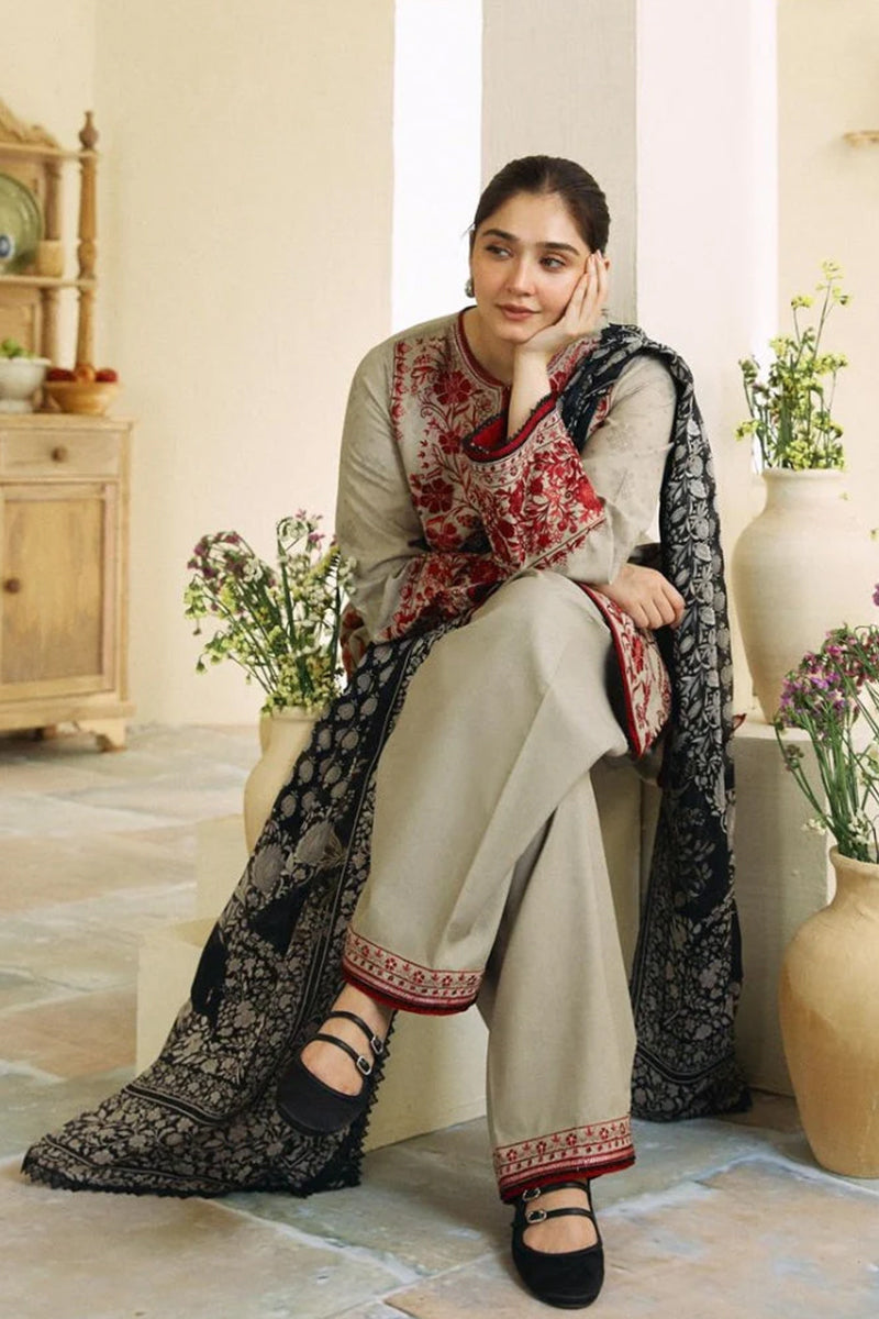 3 Piece Unstitched Embroidered Beige Dhanak Marina Suit with Shawl-10