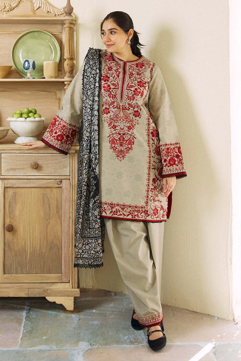 3 Piece Unstitched Embroidered Beige Dhanak Marina Suit with Shawl-10