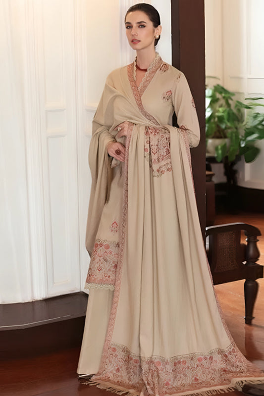 3 Piece Unstitched Embroidered Beige Dhanak Marina Suit with Shawl-5