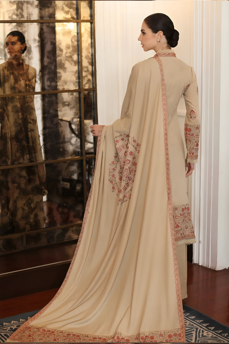 3 Piece Unstitched Embroidered Beige Dhanak Marina Suit with Shawl-5