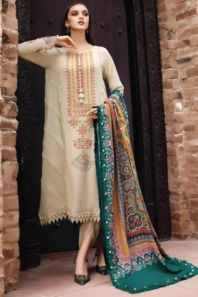 3 Piece Unstitched Embroidered Beige Dhanak Marina Suit with Shawl-7