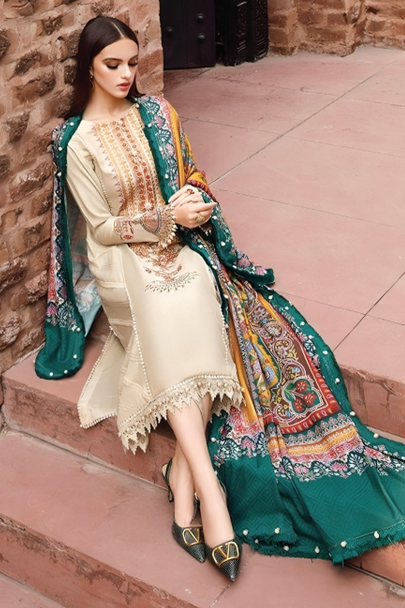 3 Piece Unstitched Embroidered Beige Dhanak Marina Suit with Shawl-7