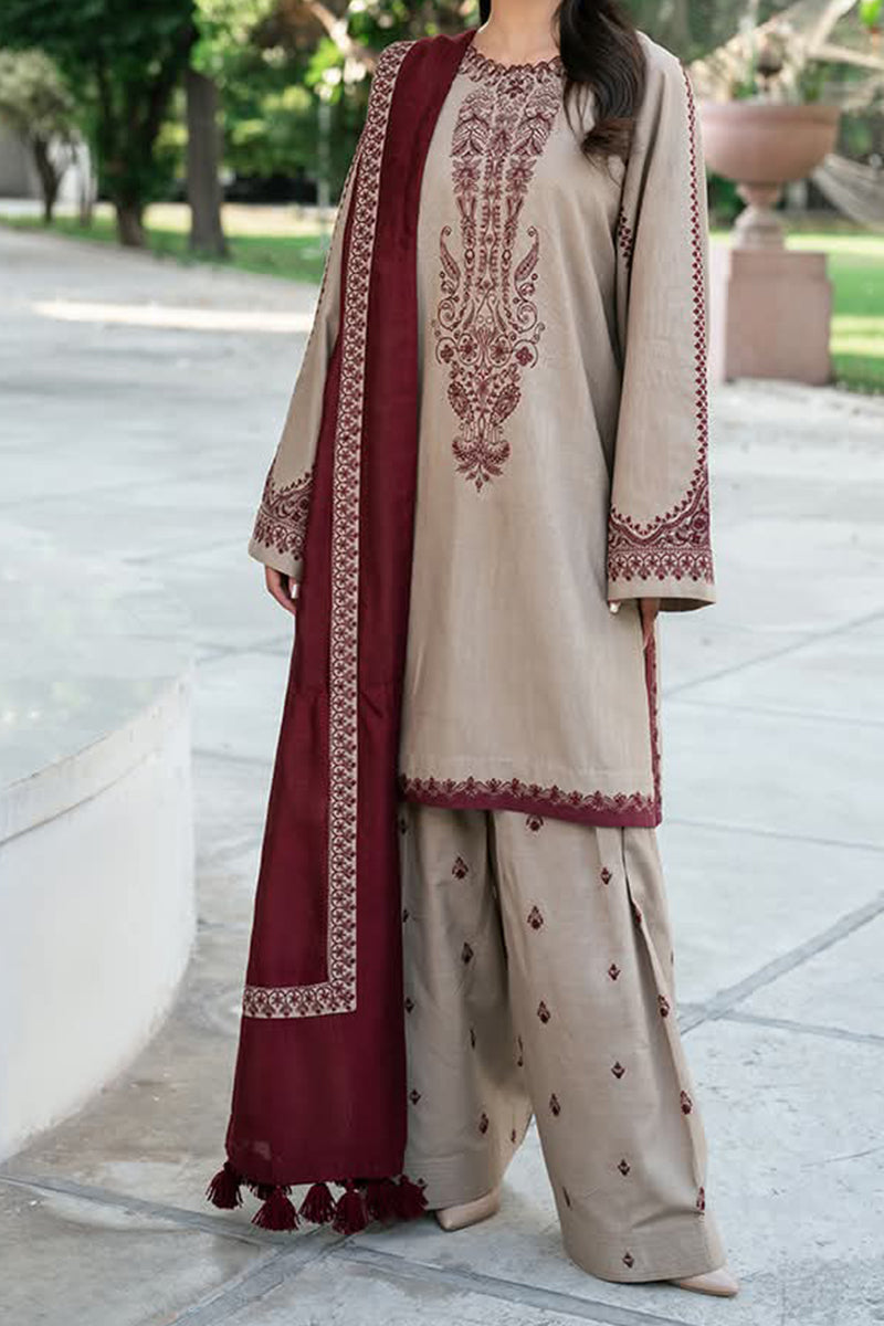 3 Piece Unstitched Embroidered Beige Lawn Suit-1
