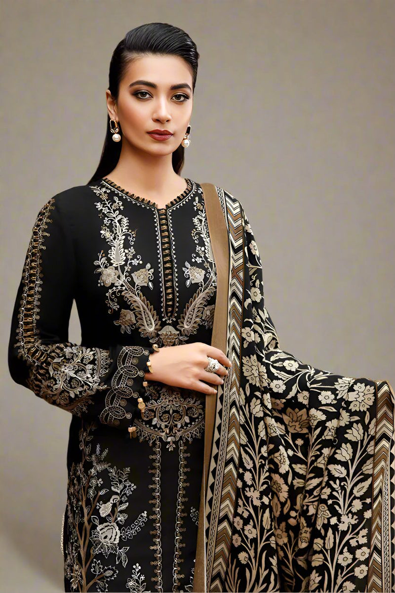 3 Piece Unstitched Embroidered Black Dhanak Marina Suit with Shawl-11