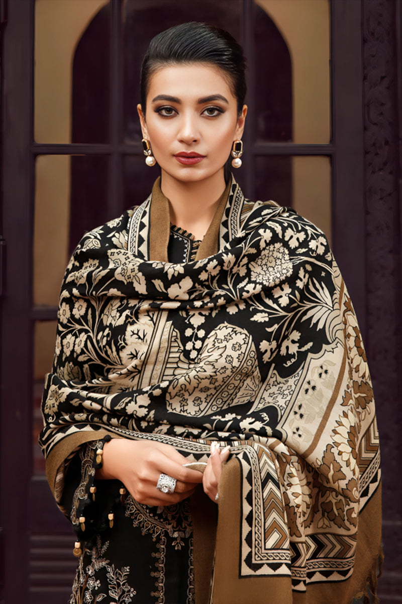 3 Piece Unstitched Embroidered Black Dhanak Marina Suit with Shawl-11