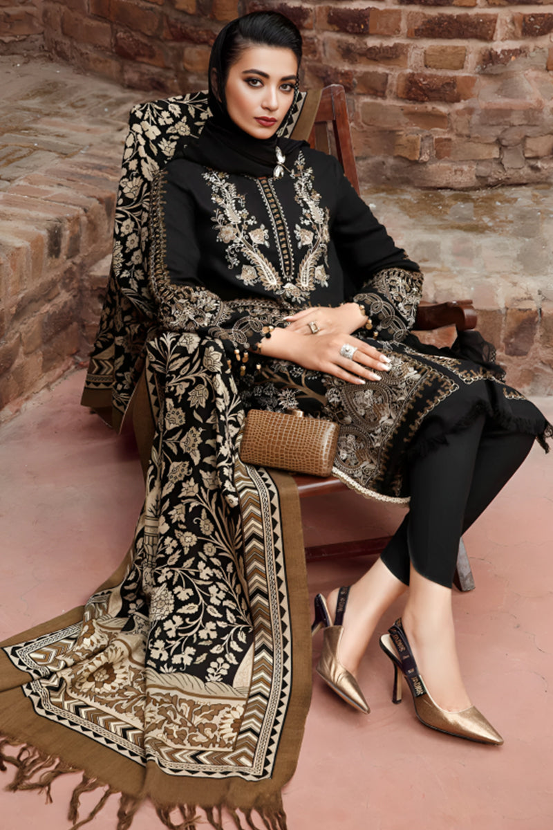 3 Piece Unstitched Embroidered Black Dhanak Marina Suit with Shawl-11