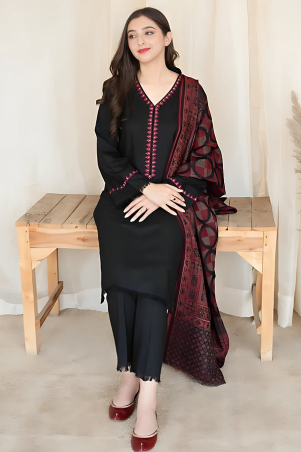 3 Piece Unstitched Embroidered Black Dhanak Marina Suit with Shawl-14