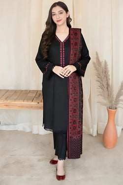 3 Piece Unstitched Embroidered Black Dhanak Marina Suit with Shawl-14