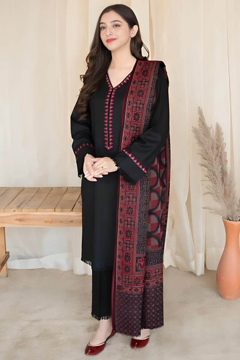 3 Piece Unstitched Embroidered Black Dhanak Marina Suit with Shawl-14