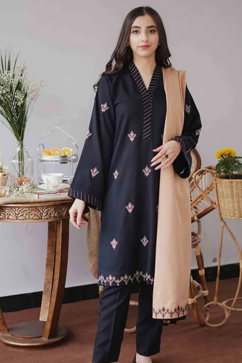 3 Piece Unstitched Embroidered Black Dhanak Marina Suit with Shawl-15