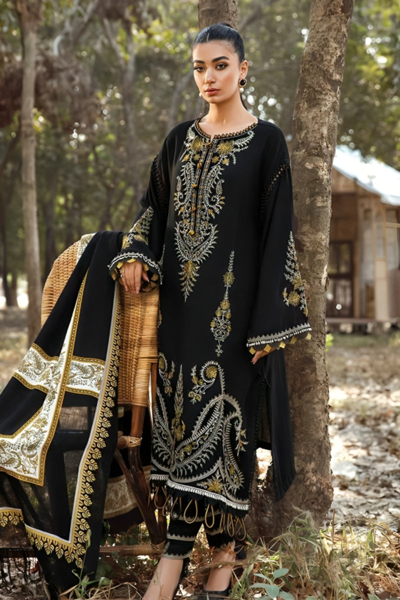 3 Piece Unstitched Embroidered Black Dhanak Marina Suit with Shawl-16