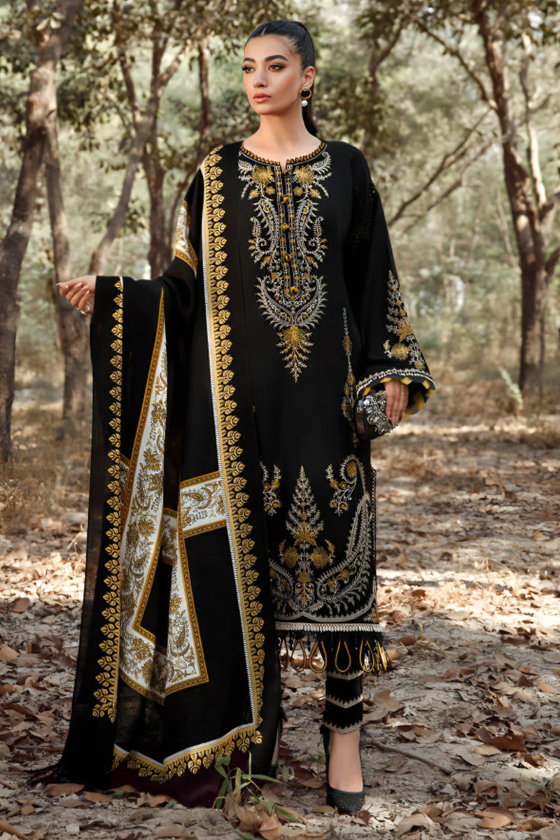 3 Piece Unstitched Embroidered Black Dhanak Marina Suit with Shawl-16