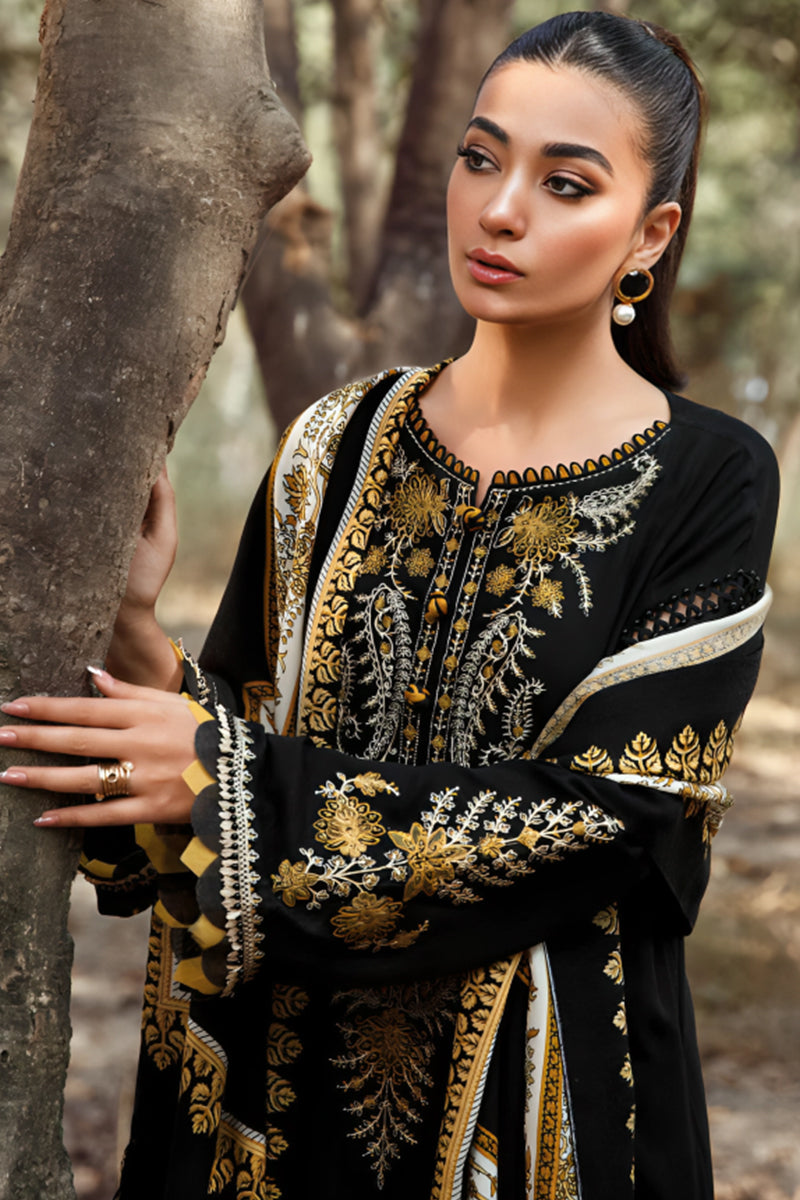 3 Piece Unstitched Embroidered Black Dhanak Marina Suit with Shawl-16