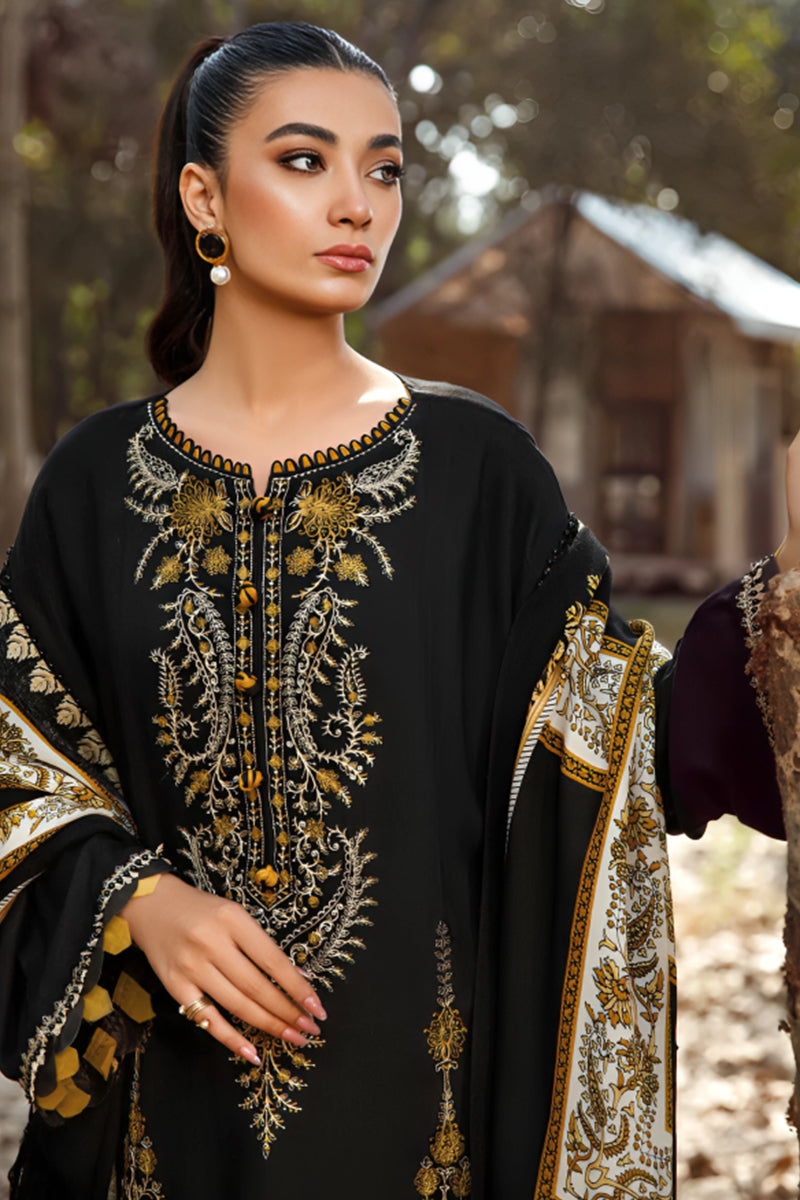 3 Piece Unstitched Embroidered Black Dhanak Marina Suit with Shawl-16