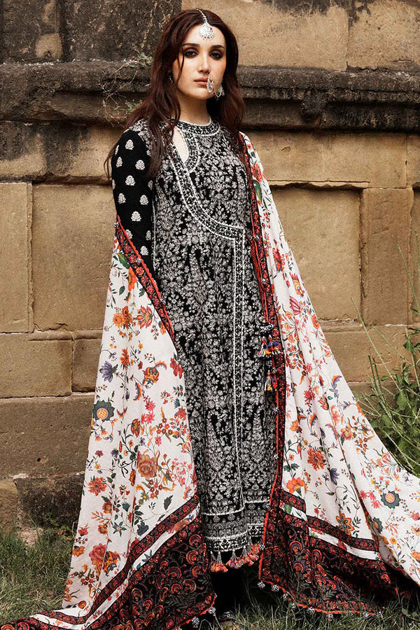 3 Piece Unstitched Embroidered Black Dhanak Marina Suit with Shawl-17