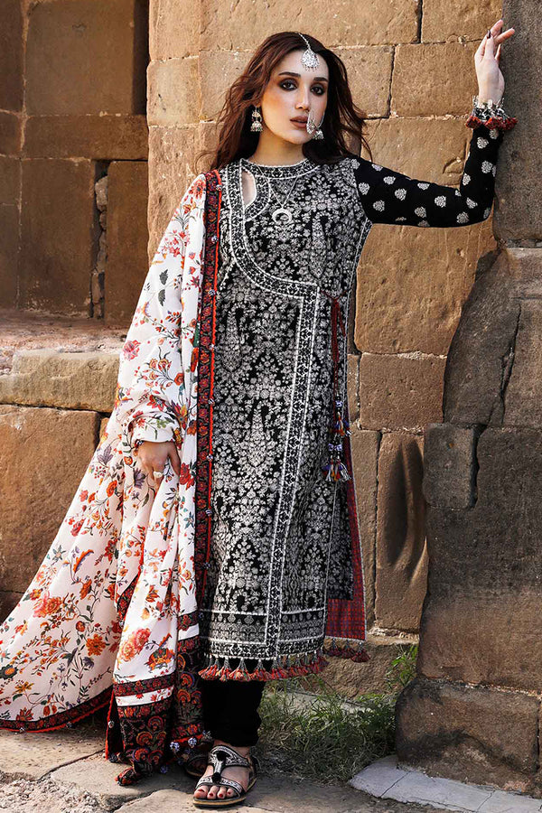 3 Piece Unstitched Embroidered Black Dhanak Marina Suit with Shawl-17