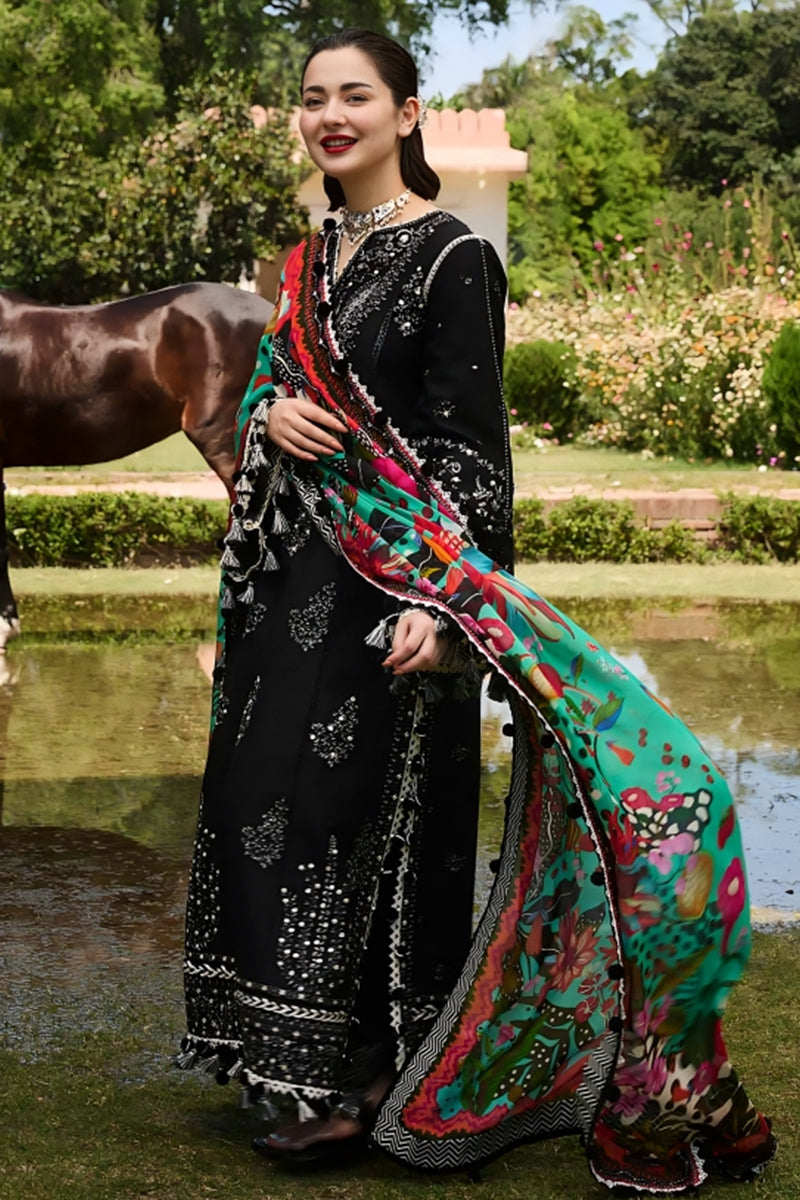 3 Piece Unstitched Embroidered Black Dhanak Marina Suit with Shawl-18