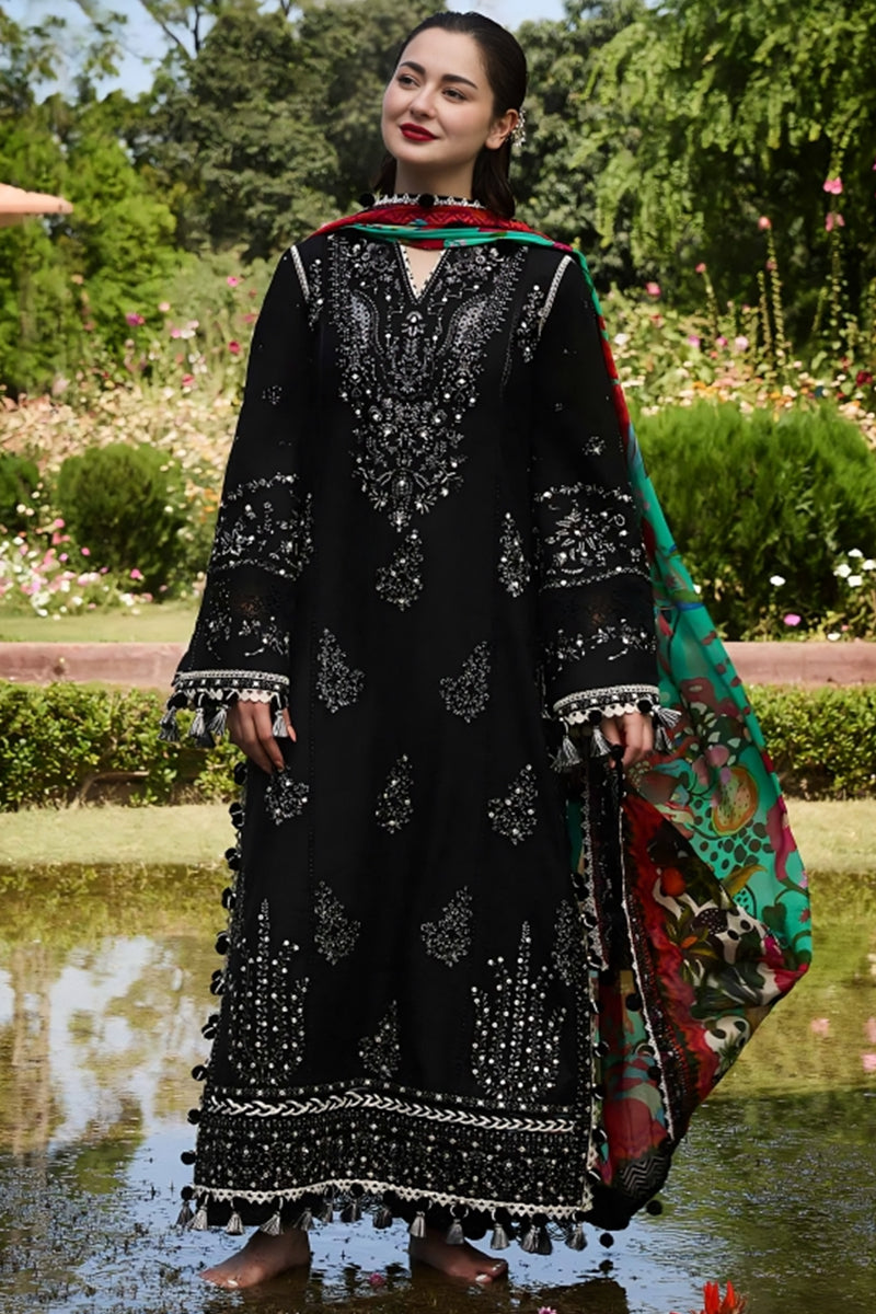 3 Piece Unstitched Embroidered Black Dhanak Marina Suit with Shawl-18