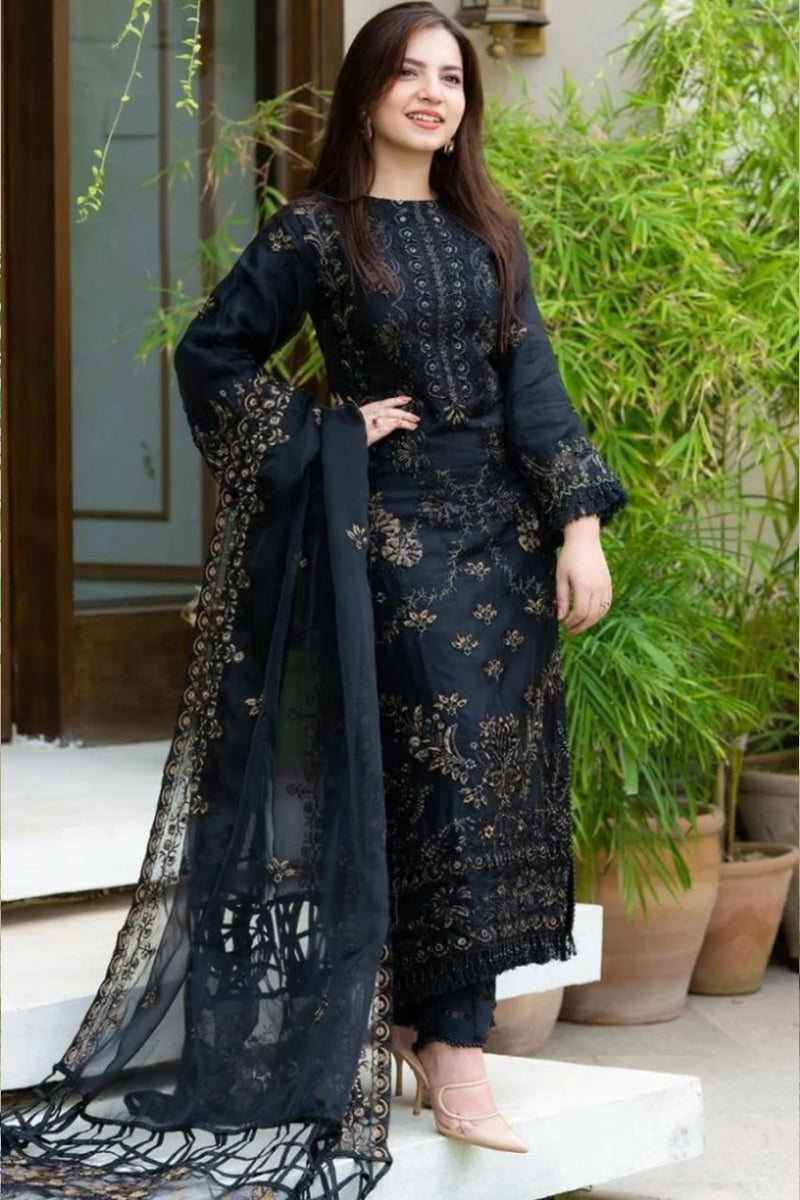 3 Piece Unstitched Embroidered Black Dhanak Marina Suit with Shawl-19