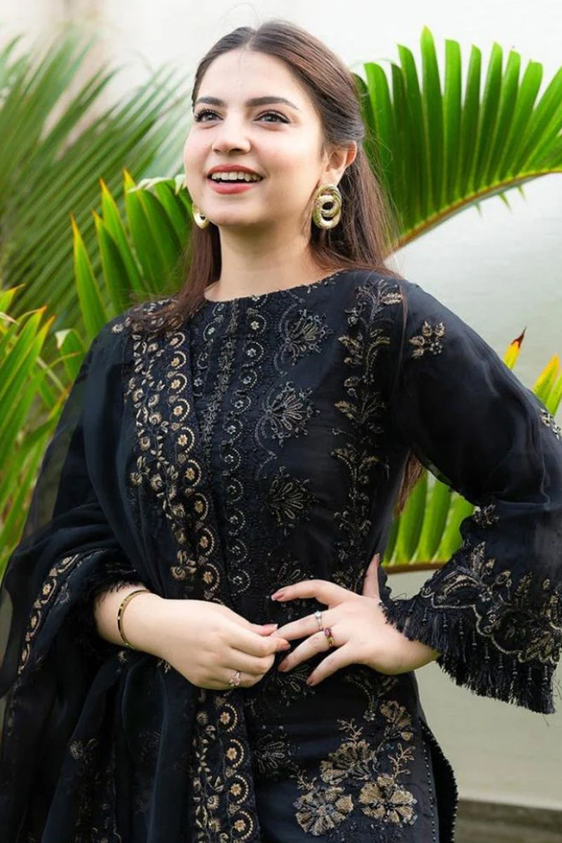 3 Piece Unstitched Embroidered Black Dhanak Marina Suit with Shawl-19