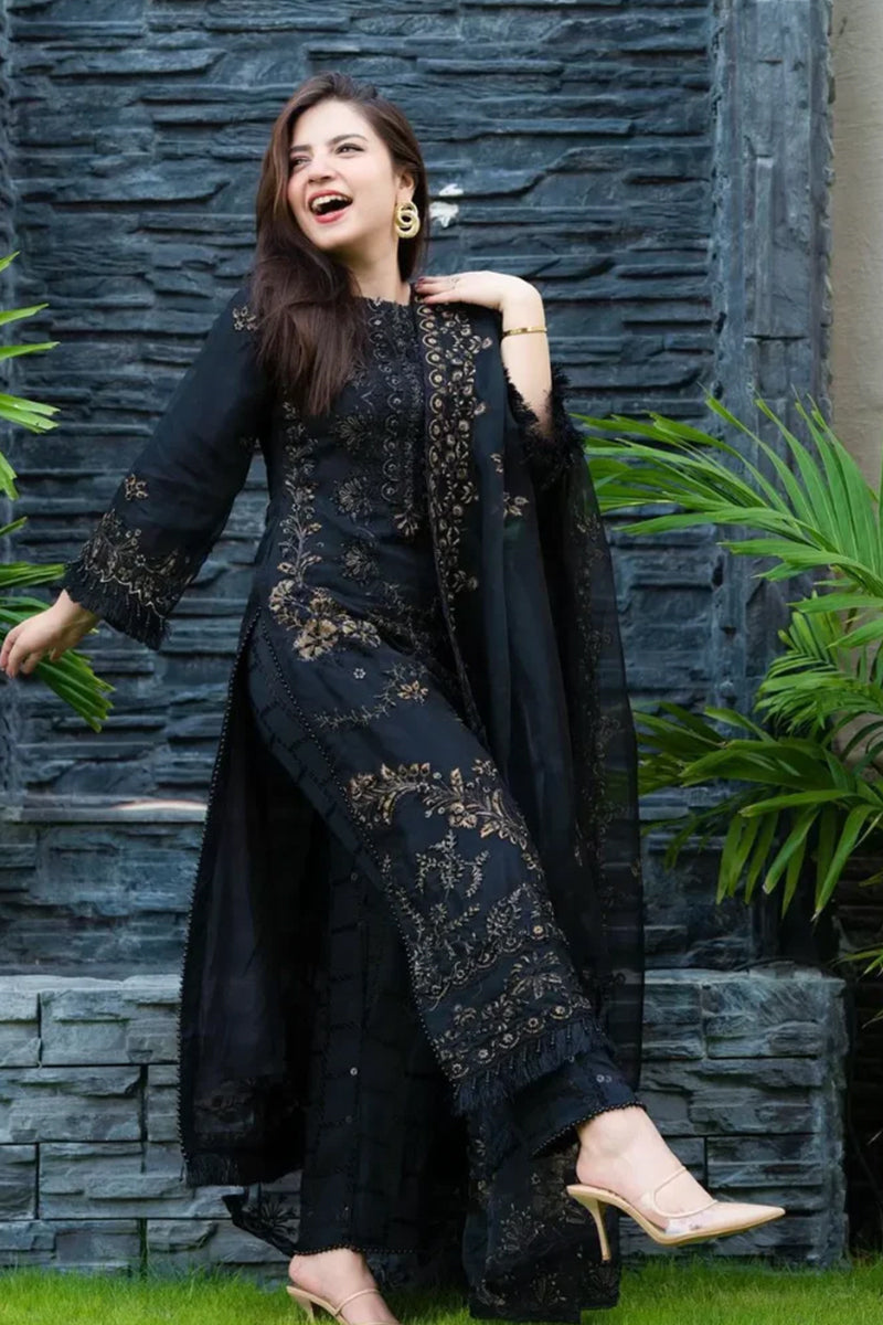 3 Piece Unstitched Embroidered Black Dhanak Marina Suit with Shawl-19