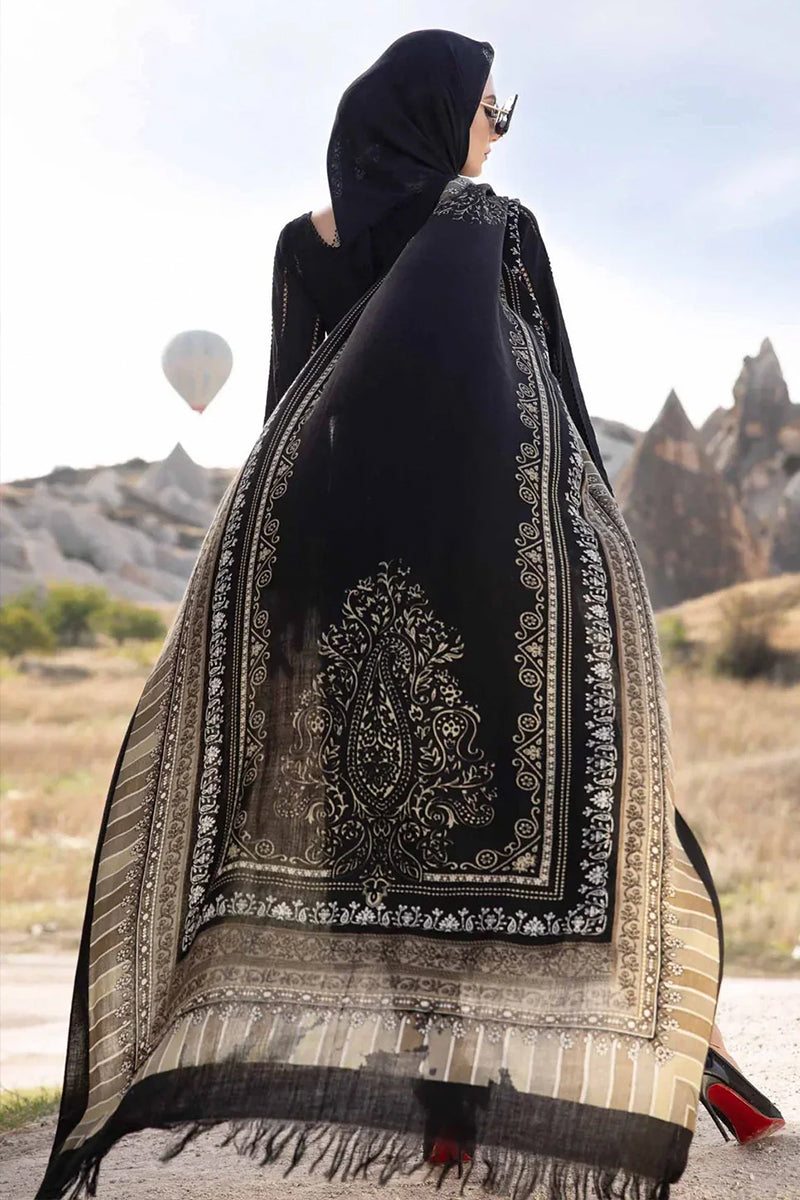 3 Piece Unstitched Embroidered Black Dhanak Marina Suit with Shawl-20