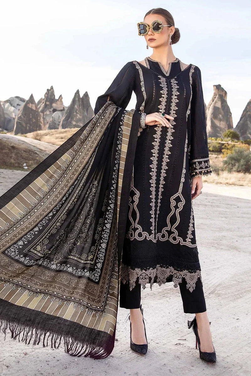 3 Piece Unstitched Embroidered Black Dhanak Marina Suit with Shawl-20